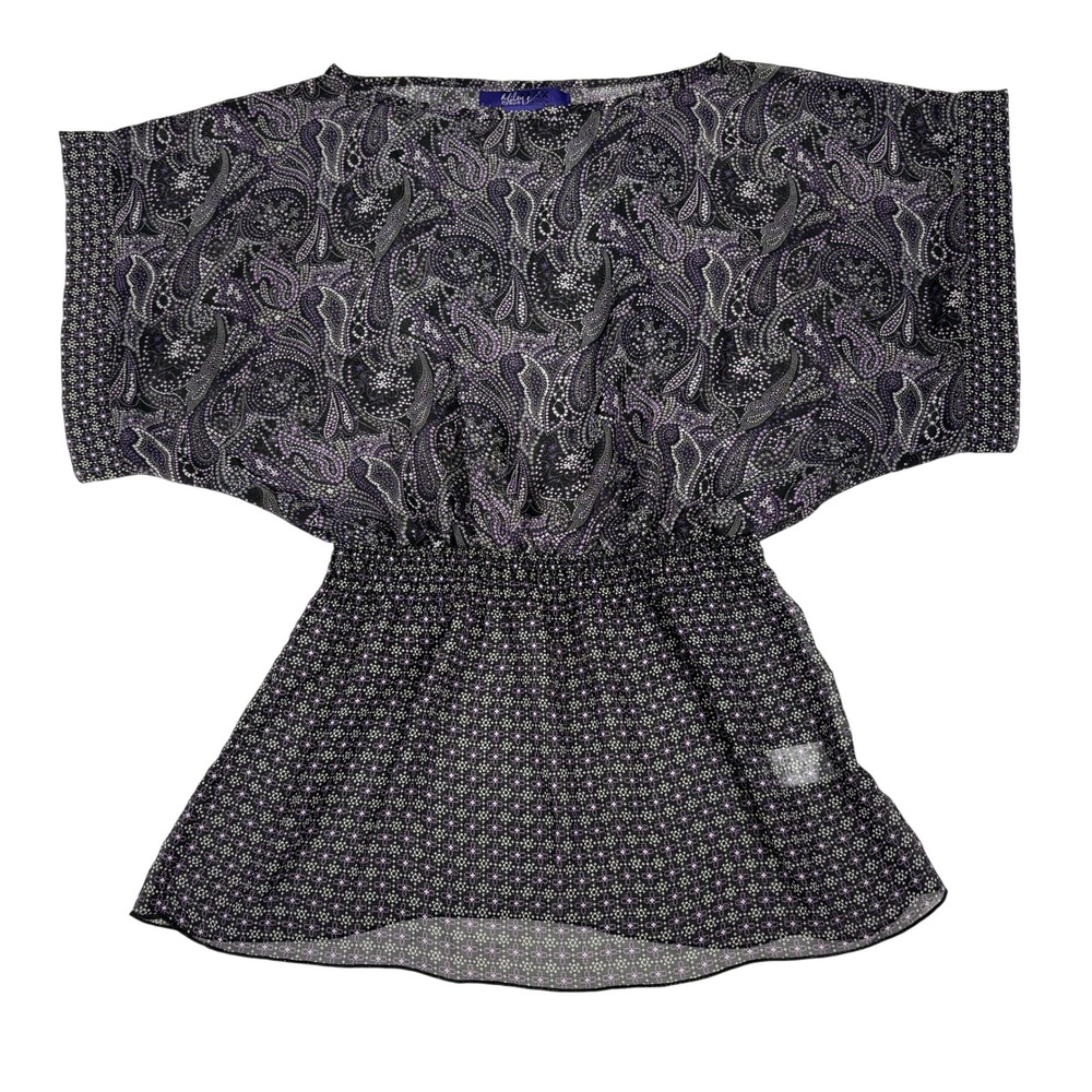 Miley Cyrus Max Azria Sheer Paisley Boho Tunic Top M Purple Batwing